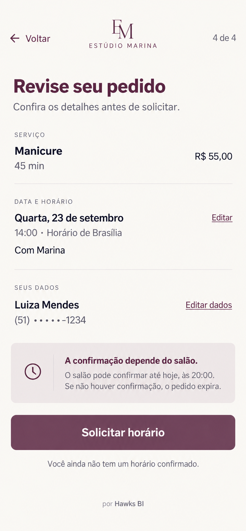Conceito v2 aprovado da tela de revisão de agendamento