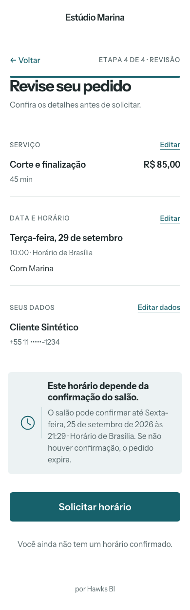 Captura da tela de revisão implementada, com dados sintéticos, em 390 pixels